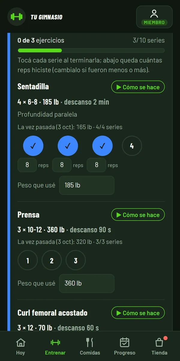 Pantalla de entrenamiento: series marcadas, repeticiones y peso usado