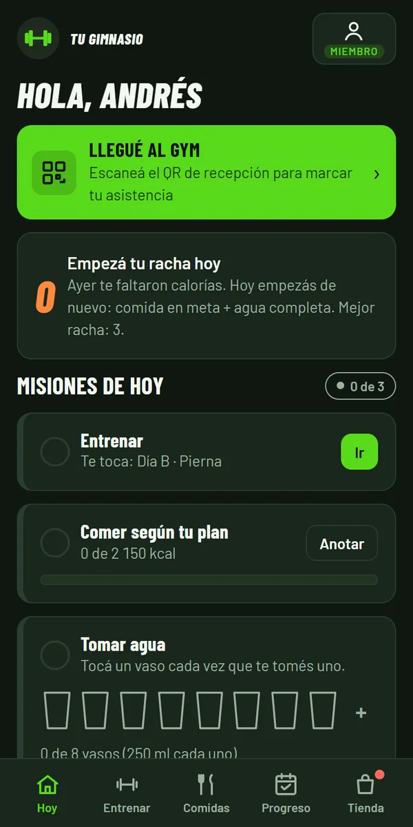 Pantalla de inicio del miembro: llegada al gimnasio, racha y misiones del día