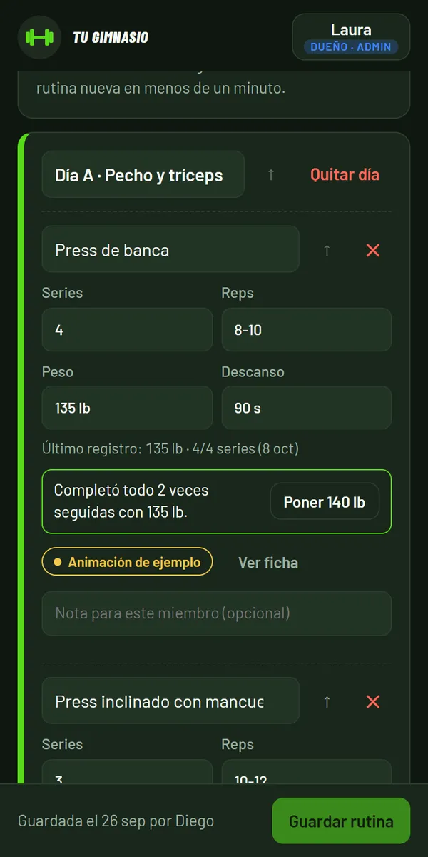 Editor de rutina con sugerencia de subir peso